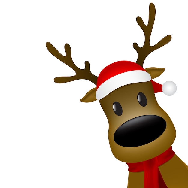 Weihnachtsrentier mit schal und weihnachtsmannmütze auf weißem hintergrund vektorillustration