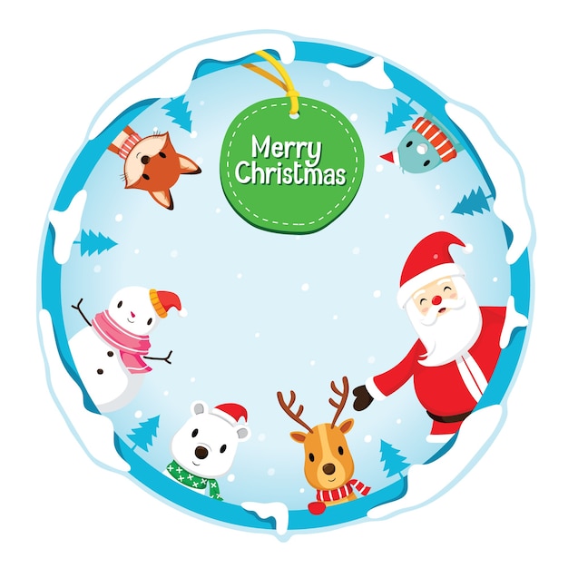 Weihnachtsschmuck auf kreisrahmen und dekoration mit weihnachtsmann, schneemann und tieren