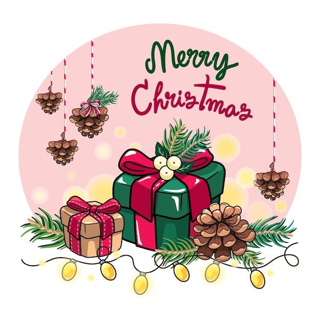 Vektor weihnachtsschmuck tannenzapfen und geschenkboxen
