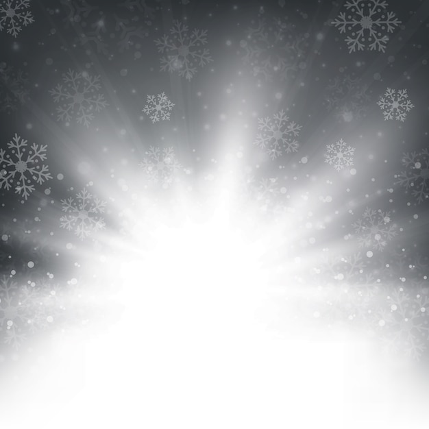 Weihnachtsschneeflocken und -schnee mit sonnendurchbruch im darck hintergrund