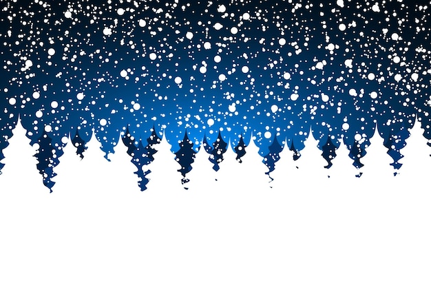 Vektor weihnachtsschneewald mit weihnachtsbäumen und schneeflocken auf blauem hintergrund