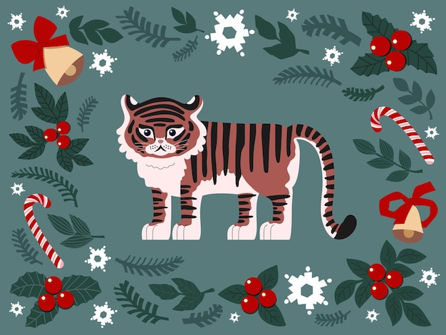 Weihnachtsset aus gezeichneten niedlichen elementen tiger schneeflocken fichtenglocken lutscher jahr des tigers 2022 für weihnachtskarten poster magnete vektor flache illustrationxa