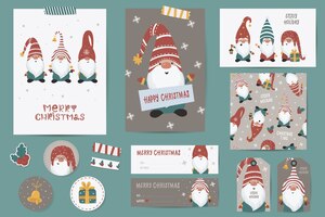 Weihnachtsset mit weihnachtskarten, notizen, aufklebern, etiketten, briefmarken, tags mit winterweihnachtsillustrationen, wunschschablone. druckbare kartenvorlagen.