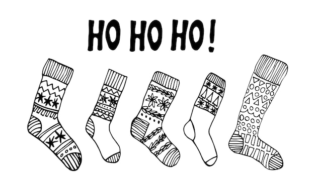 Weihnachtssocken-Set Ho ho ho-Schriftzug Vektor-Grußkarte mit verschiedenen Arten von gestrickten Wollsocken