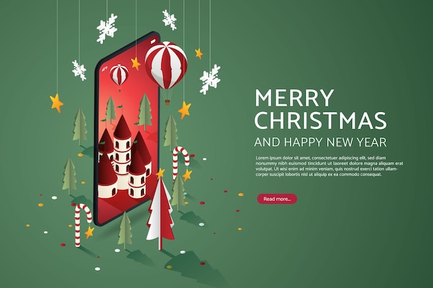 Weihnachtsstadtspielzeugwunderland fantastischer ballonweihnachtsbaum auf dem smartphone