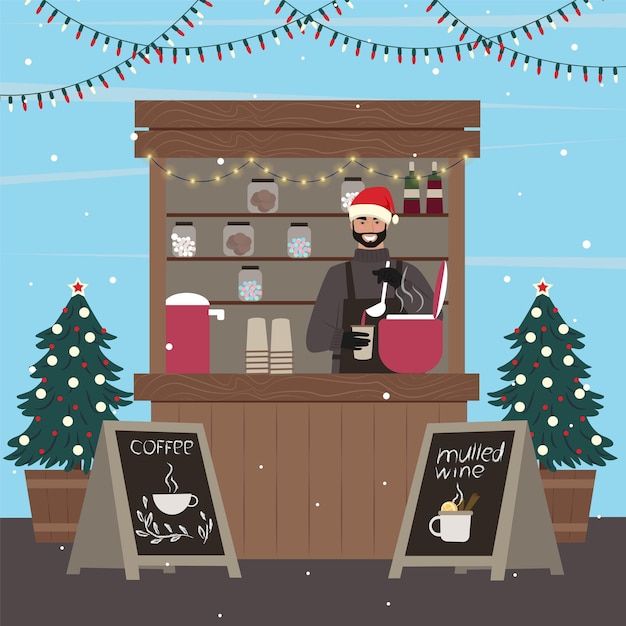 Vektor weihnachtsstände. mann, der kaffee und glühwein am kiosk verkauft. vektorillustration.