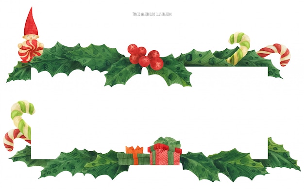 Weihnachtsstechpalmengrenze mit Zuckerstangen und Geschenken, Aquarellillustration