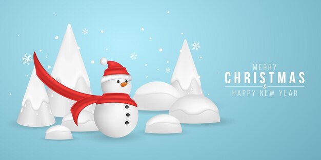 Weihnachtssüßer Cartoon-Schneemann auf dem Hintergrund von dekorativen Tannen mit Schneeflocken. 3d emotionaler Charakter für das neue Jahr. Urlaubsabdeckung. Vektor-Illustration