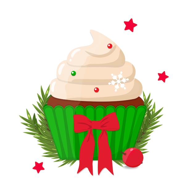 Vektor weihnachtssüßer, cupcake mit sahne, schleife und beere. muffin mit weihnachtsschmuck.