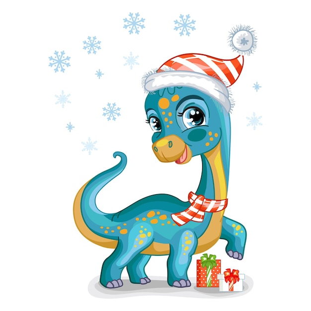 Weihnachtssüßer Dinosaurier Diplodocus mit Geschenkvektorillustration