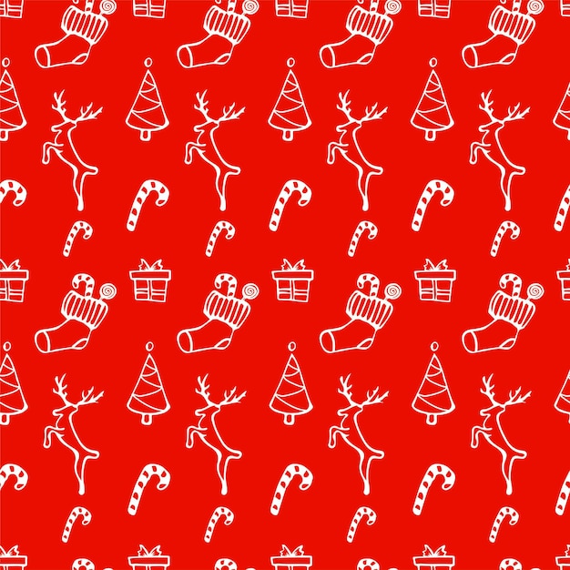 Weihnachtssymbole nahtloses muster mit weihnachtsbaum, süßigkeiten, geschenken, hirschen, weihnachtssocke