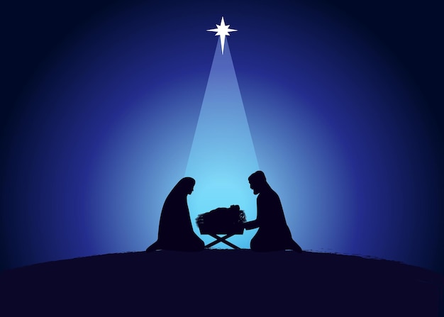 Weihnachtsszene des jesuskindes in der krippe mit mary- und joseph-silhouetten, leer für text.