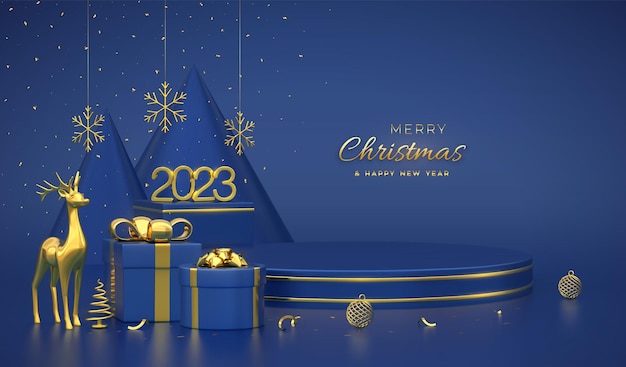 Weihnachtsszene und runde 3d-plattformen auf blauem hintergrund goldene 3d-zahlen 2023 leerer sockel mit hirschen, glänzenden schneeflockenkugeln, geschenkboxen, goldmetallischer kegelform, kiefern, fichten, vektor