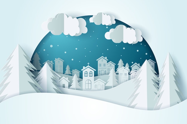 Vektor weihnachtstag und city village mit schnee in der wintersaison.