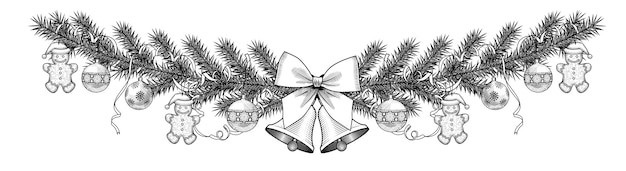 Weihnachtstannenrahmen mit glocken, kugeln und band lokalisiert auf weiß.