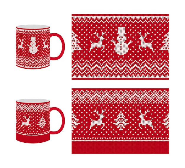 Weihnachtstextur-mockup mit hirschbäumen und schneemann nahtlose strickmuster-vorlagen gesetzt roter festlicher fair-isle-druck