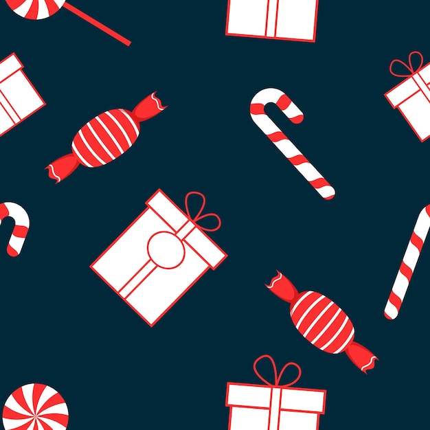 Weihnachtsthema wiederholen swatch-illustration mit elementen wie geschenkbox candy cane candy lollipop handgezeichnetes vektor-wiederholungsmuster für textilgewebe, geschenkverpackung, tücher, tapeten und banner