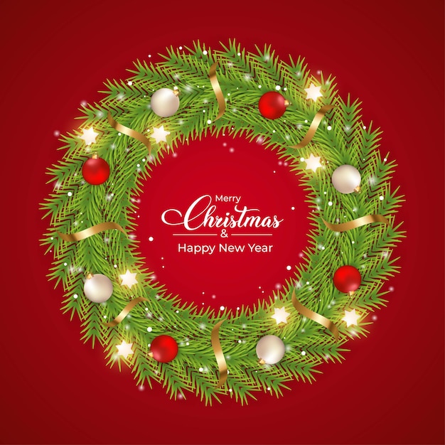 Weihnachtstürdekorationselemente mit einem luxuriösen grünen Kranz mit der rot-weißen Farbkugel. 3D-Kranzdesign mit Schneeflocke und Band. Realistisches 3D-Kranzdesign mit Kalligraphie.