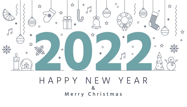 Weihnachtsumrisssymbole und 2022 buchstaben neujahr frohe weihnachten grußkarte oder banner