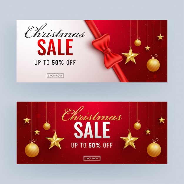 Weihnachtsverkauf banner mit 50% rabatt angebot und goldenen sternen