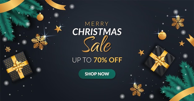Weihnachtsverkauf Banner mit Geschenkboxen und goldenen Bändern