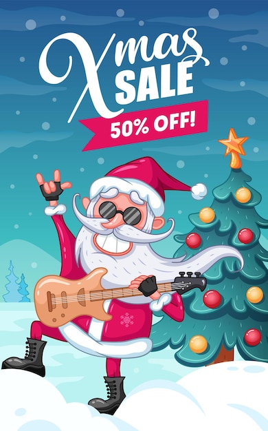 Weihnachtsverkauf. werbebanner. weihnachtsverkauf. cooles lächeln santa claus mit e-gitarre und schwarzer brille. winterhintergrund mit weihnachtsbaum und schnee. cartoon-vektor-illustration