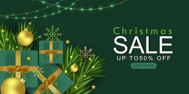 Weihnachtsverkaufsbanner mit weihnachtlichen Elementen auf grünem Hintergrund