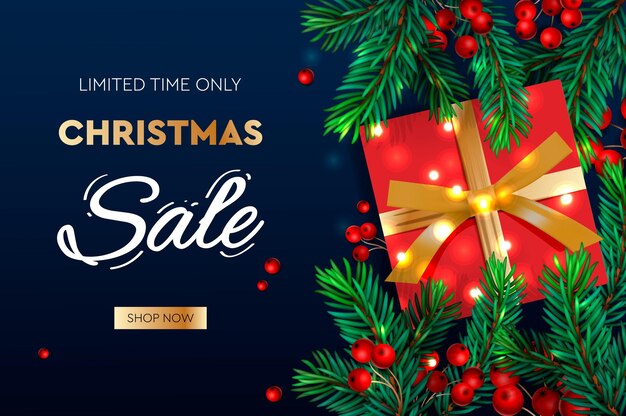 Weihnachtsverkaufsbanner Realistische Tannenzweige mit Beeren und Geschenkbox Vektorillustration