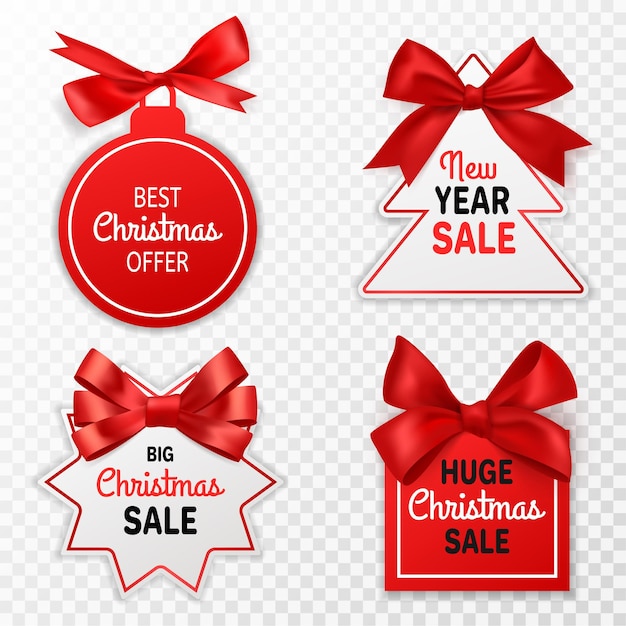 Weihnachtsverkaufsetiketten. feiertagsrabattpreisschilder mit roten schleifen weihnachtsangebot, werbemarketing-winterveranstaltung, beschilderungsaufklebern oder coupon-vektor isoliert auf transparentem hintergrund