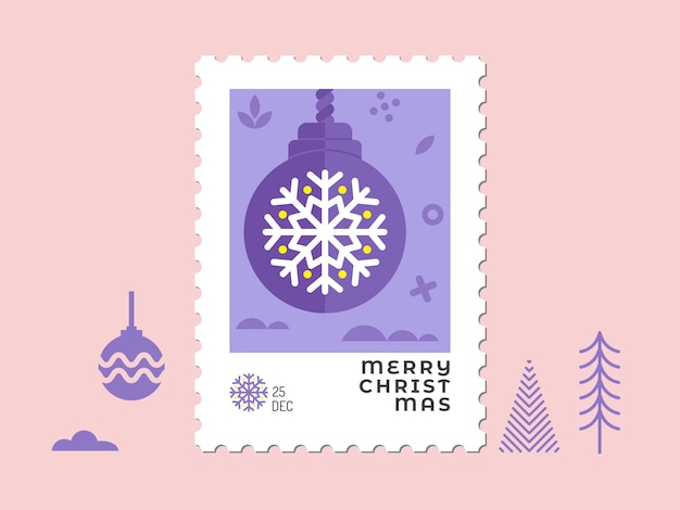 Weihnachtsverzierung und ball im violetten ton - flaches design des weihnachtsstempels für grußkarte und mehrzweck