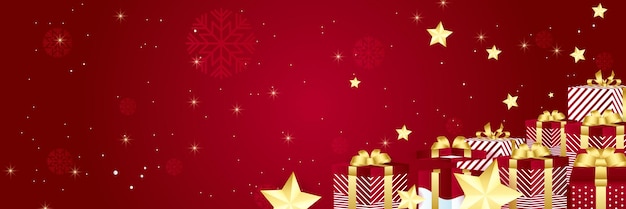 Weihnachtswinter breiter bannerhintergrund mit bühnenpodium. weihnachtsbanner, funkelnde weihnachtslichter mit geschenkbox und goldenem stern. horizontale weihnachtsplakate, grußkarten, header, website.