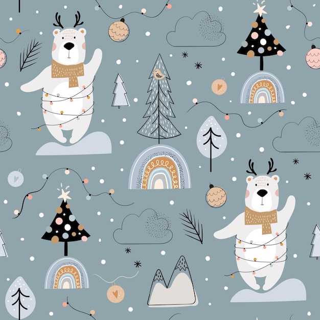 Weihnachtswinter nahtloses muster für kinder mit niedlichen bärenbäumen und saisonalem design der regenbogen
