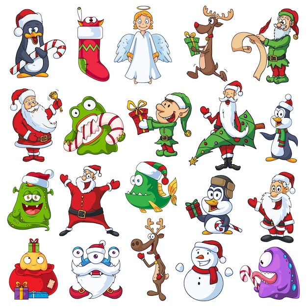 Weihnachtszeichentrickfiguren mit Engel Santa Claus Elf Schneemann Rentier Pinguin Monster