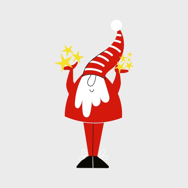 Vektor weihnachtszwerg mit sternen oder niedlicher zwerg mit roter mütze im schlichten skandinavischen nordischen stil. winter noel oder urlaub elf flache vektor-cartoon-illustration. weihnachtsgrußkarte mit santa