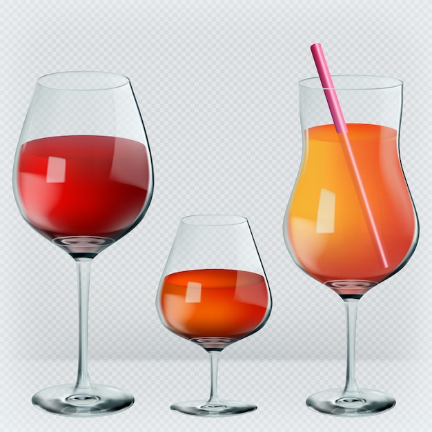 Wein, cognac, cocktail in transparenten realistischen gläsern.