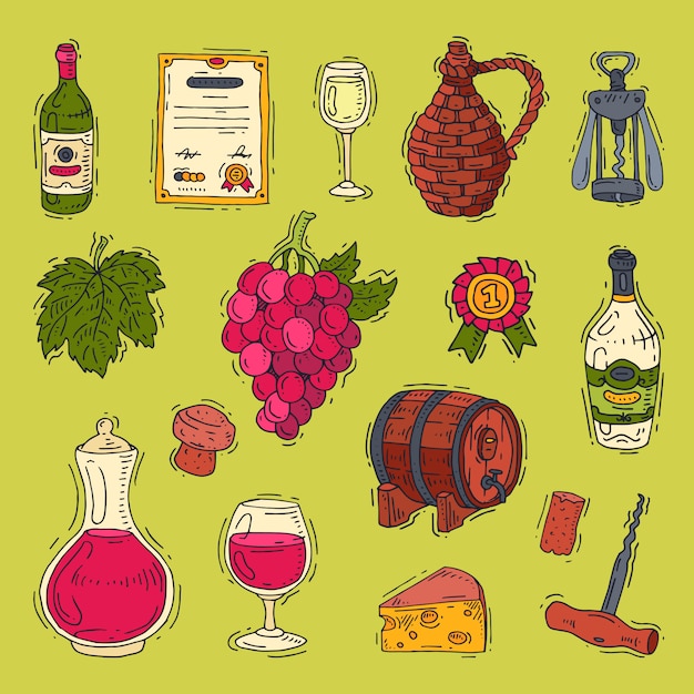 Weinalkohol in Weinflaschen von Weingut und Weinglas mit Weintrauben- oder Weinrebenillustrationssatz des Weinkellers lokalisiert auf Hintergrund