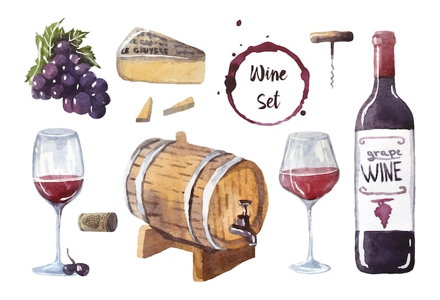 Weinbereitungs- und Verkostungsset Aquarell handgezeichnete Illustrationen