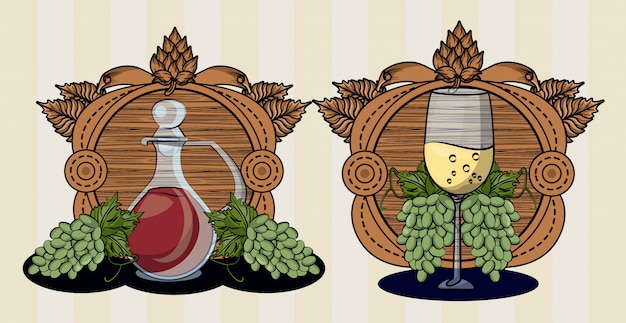 Weinfass trinken mit tasse und trauben vektor-illustration design