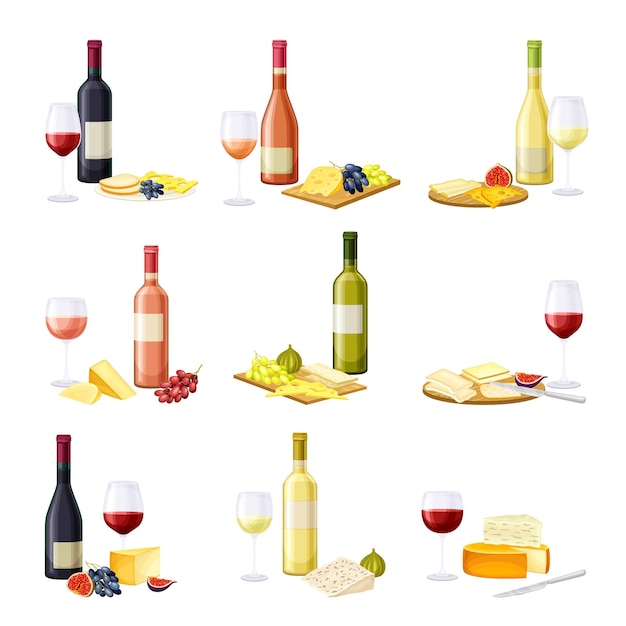 Weinflasche und Glas mit alkoholischem Getränk mit Käse und Trauben Vektor-Set