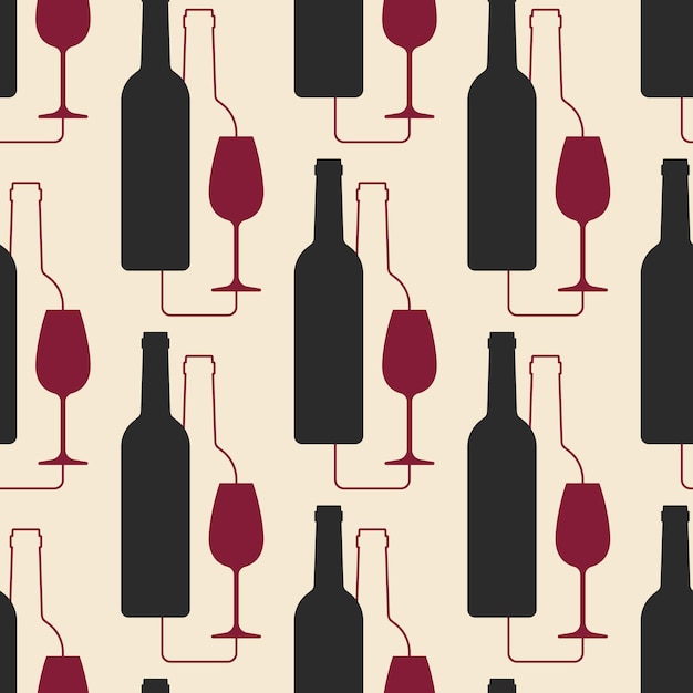 Weinflaschen und gläser nahtloses muster schwarze und rote elemente auf beigem hintergrund