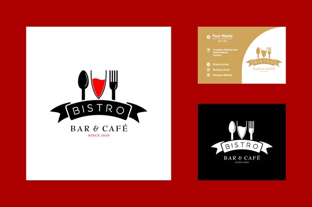Weinglas löffel gabel restaurant vintage retro bar bistro mit ribbon logo icon vector design