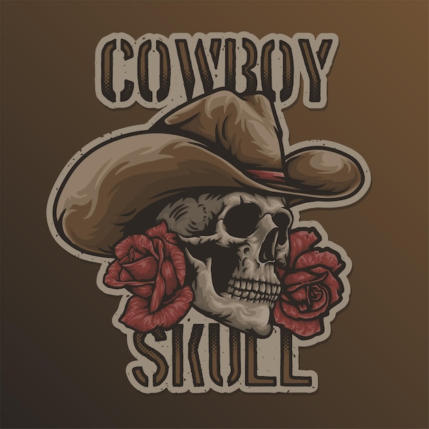 Weinlese-cowboy-schädelkopf mit rosen-blumen-maskottchen-vektor-logo-illustration