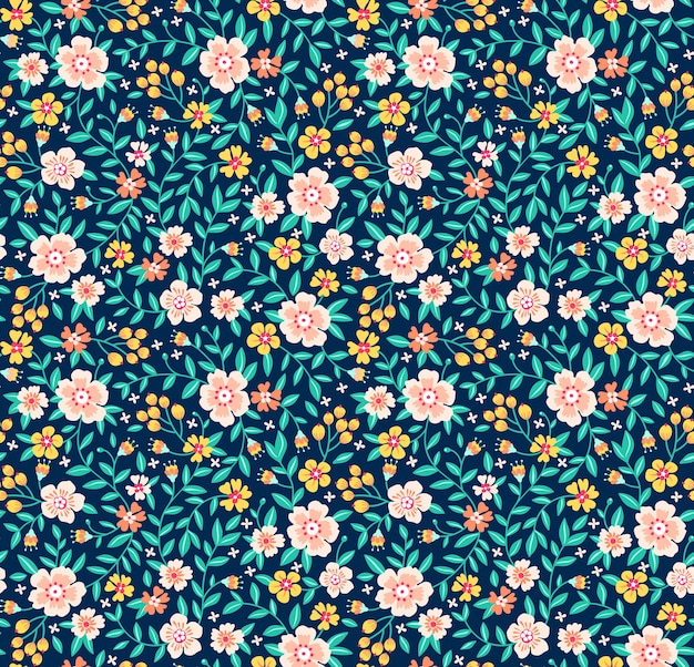 Weinleseblumenhintergrund. Nahtloses Muster für Design- und Modedrucke. Blumenmuster mit kleinen gelben Blumen auf einem dunkelblauen Hintergrund. Ditsy Stil.