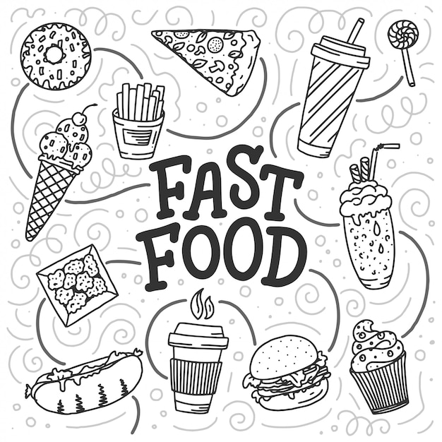 Weinleseillustration mit fast-food-gekritzelelementen und beschriftung auf weiß