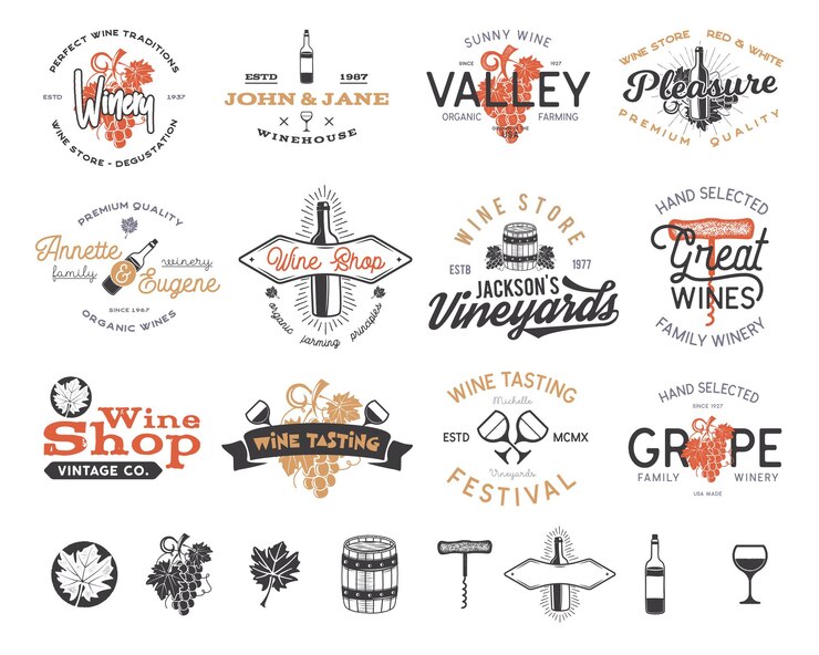 Weinlogos, Etiketten eingestellt. Weinkellerei, Weinhandlung, Sammlung von Weinbergabzeichen. Retro-Getränksymbol. Typografische Design-Vektor-Illustration. Vektor-Embleme und Symbole auf weißem Hintergrund.