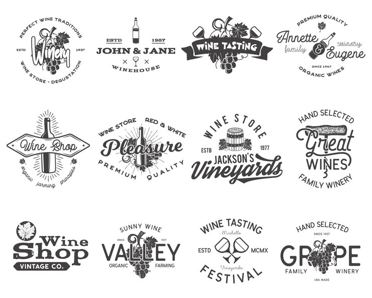 Weinschwarze Logos, Etiketten eingestellt. Weinkellerei, Weinhandlung, Sammlung von Weinbergabzeichen. Retro-Getränksymbol. Typografische Design-Vektor-Illustration. Vektor-Embleme und Symbole auf weißem Hintergrund.
