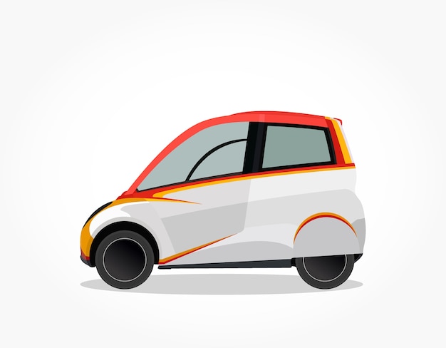 Weiß orange elektroauto cartoon mit detaillierten seiten- und schatteneffekt