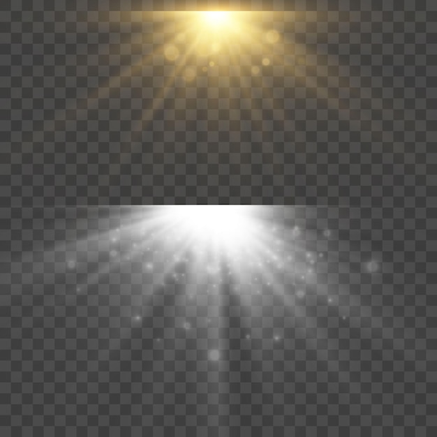 Weiß und gold leuchtende sonnenstrahlen satz transparenter lichteffekte isolierte sonnenstrahlen und blendenflecke