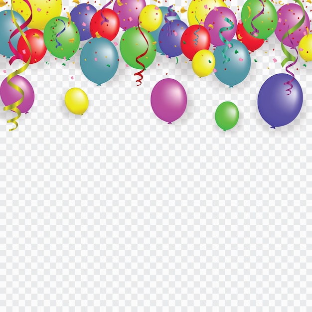 Weißbuchbanner für Carnival.Happy Birthday Typografie-Vektordesign für Grußkarten und Poster mit Ballon, Konfetti, Designvorlage zum Feiern. Folge 10