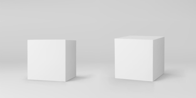 Weiße 3d-würfel mit perspektive auf grauem hintergrund. 3d-modellierungsbox mit beleuchtung und schatten. realistisches vektorsymbol.